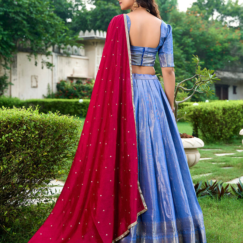 Royal Blue Color Zari Weaving Work Kanchipuram South Indian Lehenga Choli