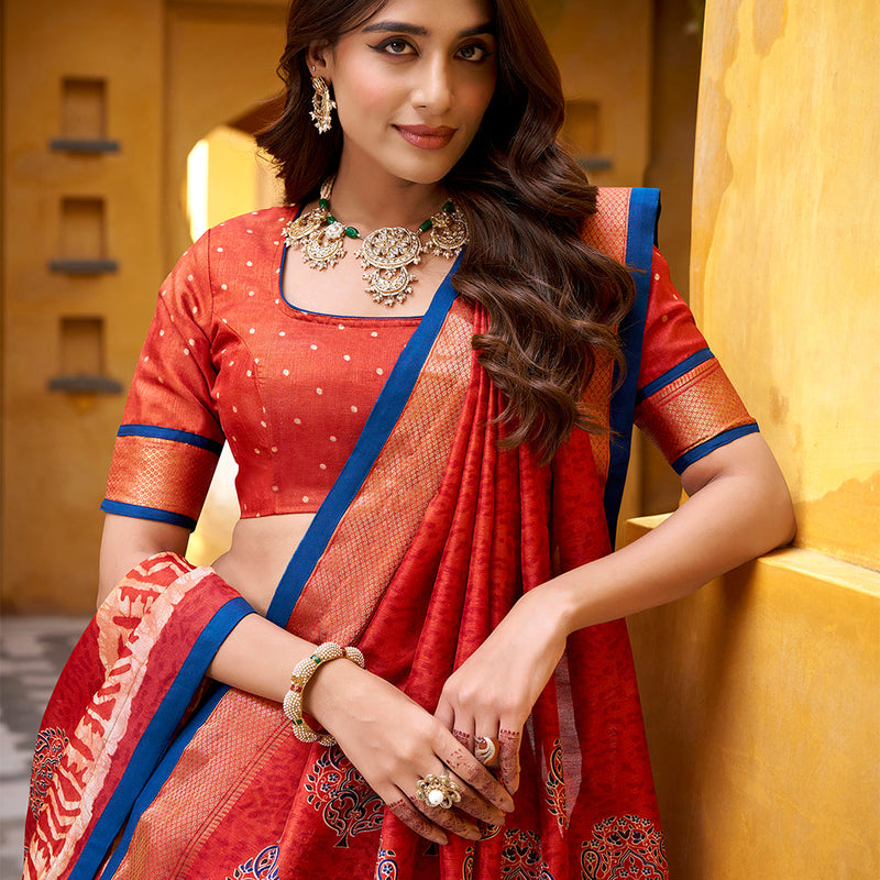 Rust Orange Color Batik Printed Dola Silk Lehenga