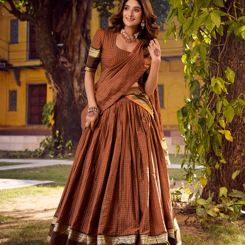 Rust Orange Color Chex With Zari weaving Work Chettinad Cotton Lehenga Choli