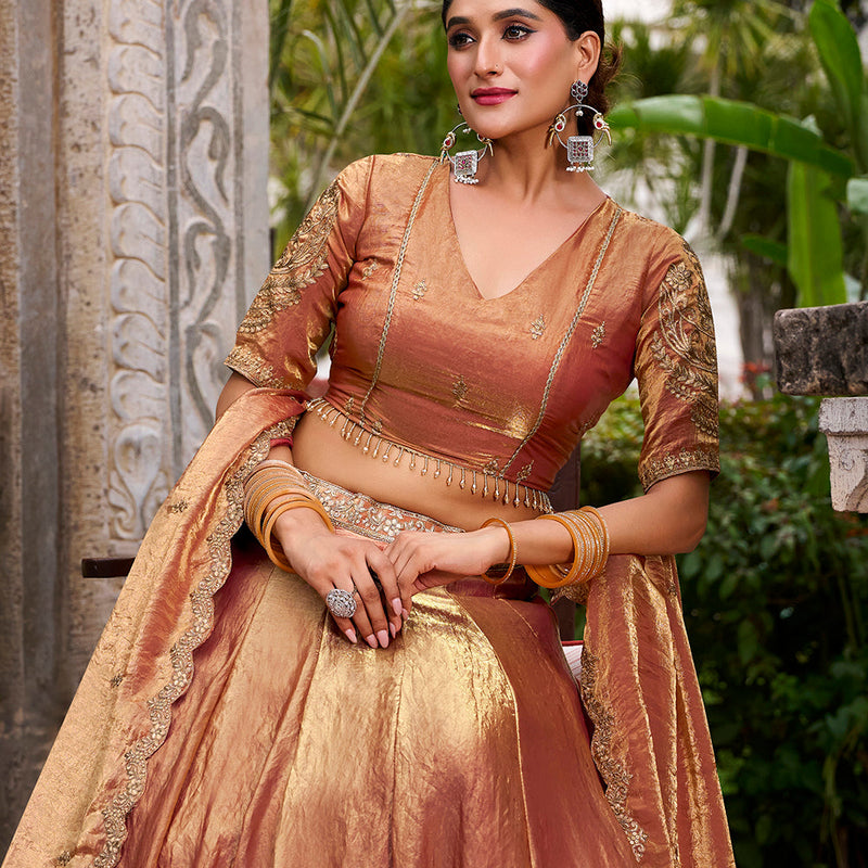 Rust Orange Color Sequins And Thread Embroidery Work Belt Fendi Lehenga Choli