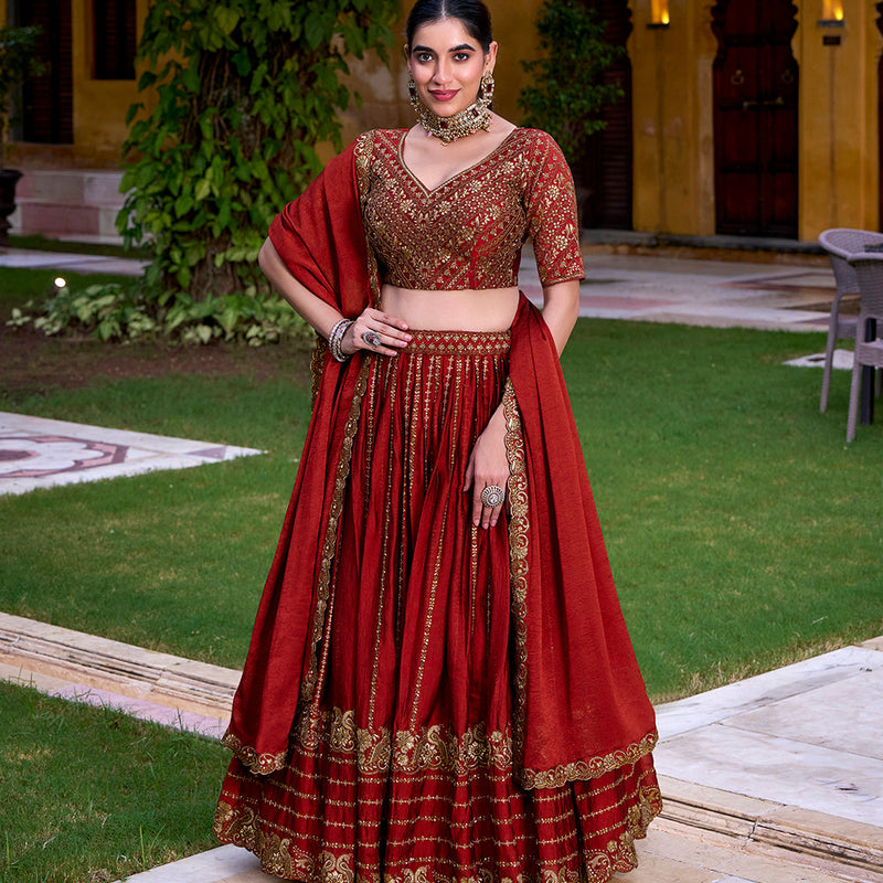 Rust Orange Color Sequins And Thread Embroidery Work Rangoli Crush Lehenga Choli