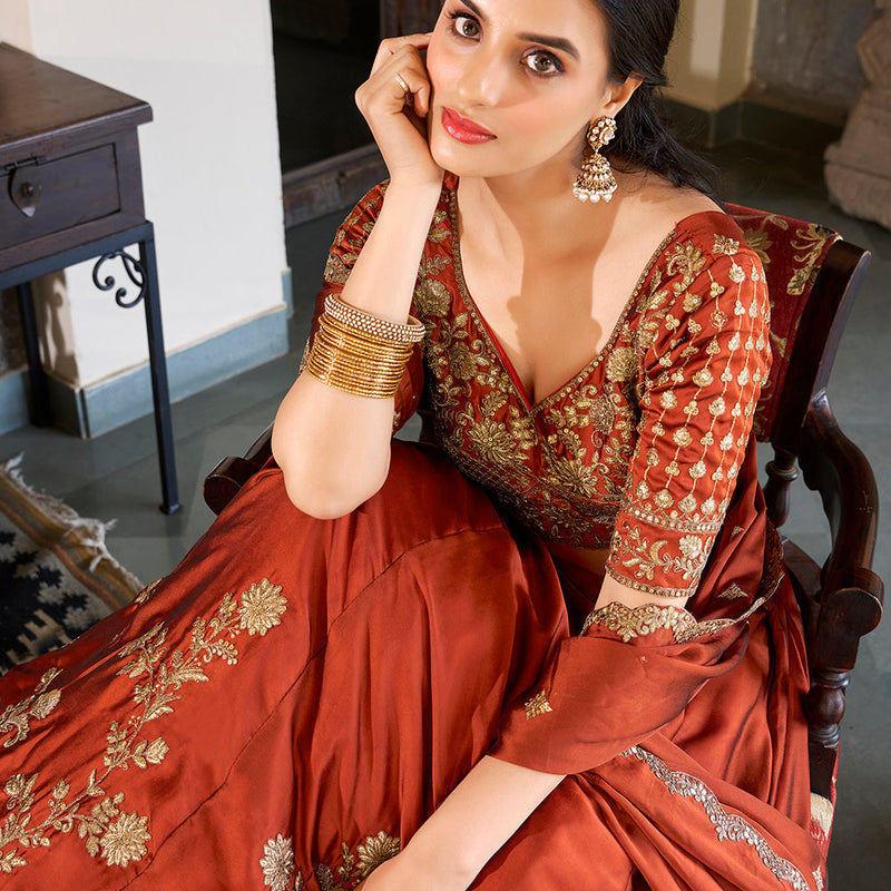Rust Orange Color Sequins And Thread Embroidery Work Rangoli Silk Lehenga Choli