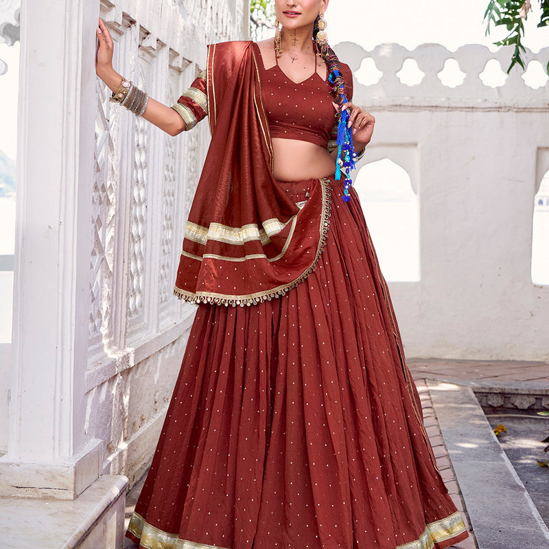 Rust Orange Color Zari Weaving Work With Embossed Design Chanderi Lehenga Choli