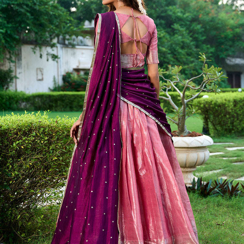 Salmon Color Zari Weaving Work Kanchipuram Wedding Lehenga Choli