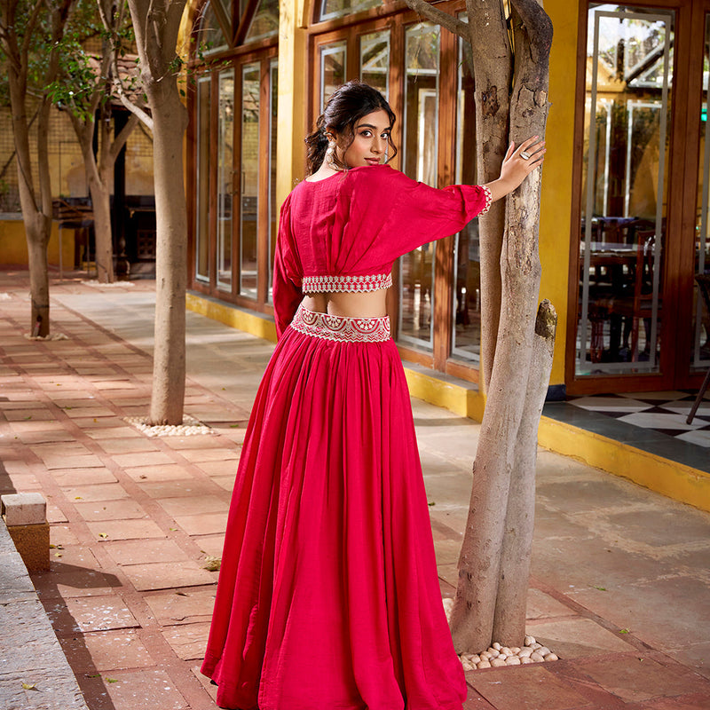 Pink Color Thread Embroidery Vichitra Silk Co-ord Set