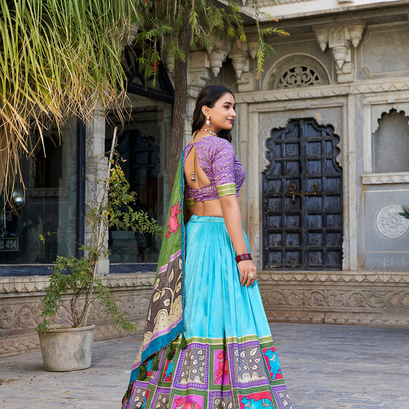 See Green Color Kalamkari With Foil Work Tasar Silk Lehenga Choli