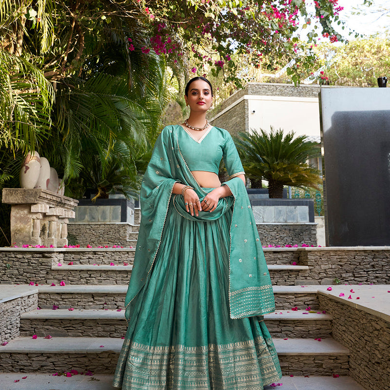 See Green Color Plain With Zari Weaving Work Border Chanderi Wedding Lehenga Choli