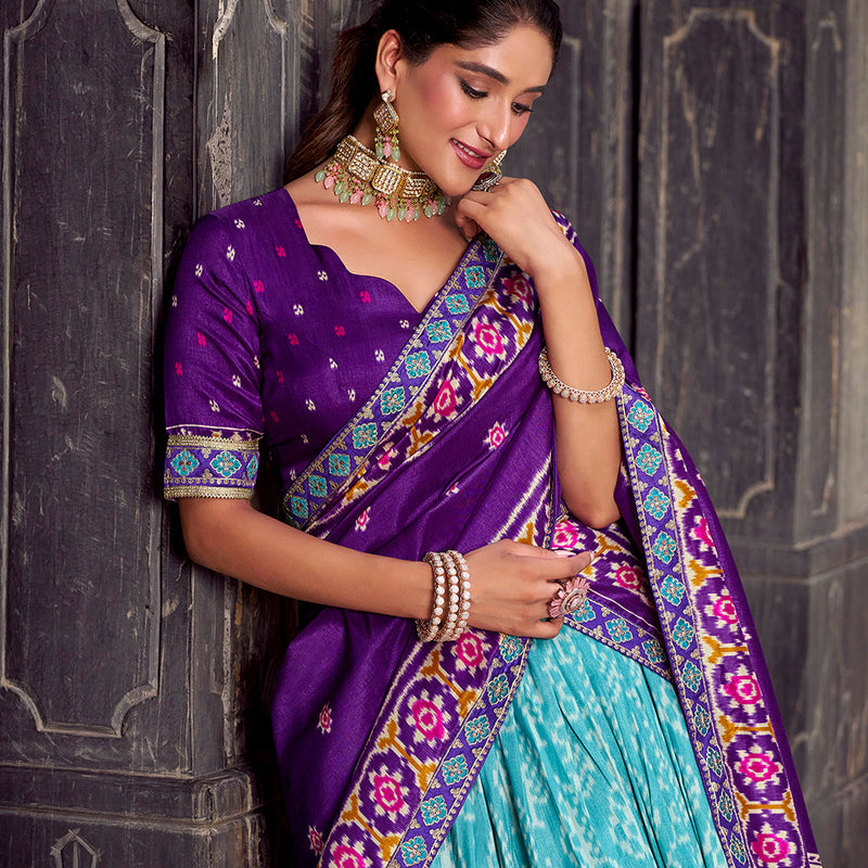Sky Blue Color Ikkat Patola Printed Tasar Silk Lehenga Choli