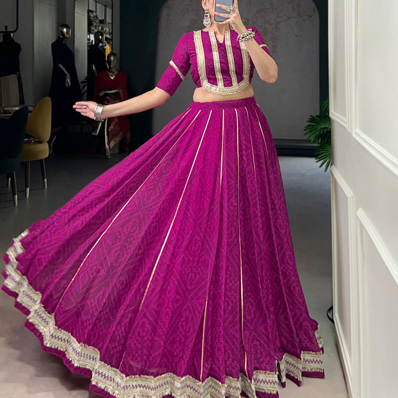 Wine Color Bandhej Print With Lace Touch Up Chiffon Chaniya Choli
