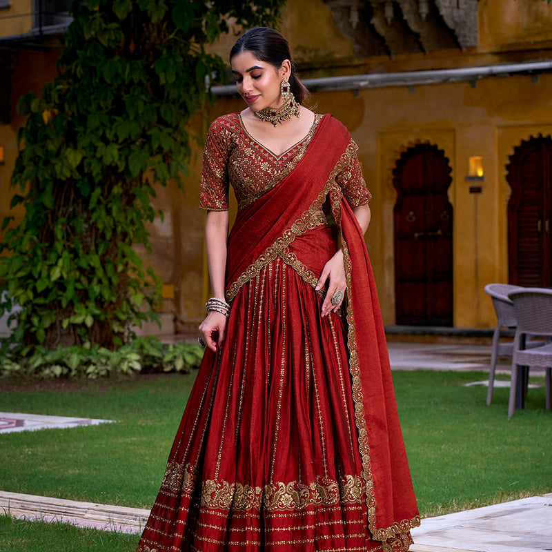 Rust Orange Color Sequins And Thread Embroidery Work Rangoli Crush Lehenga Choli
