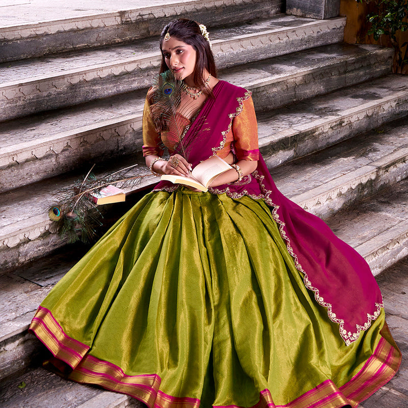 Rani Pink Color Sequince And Thread Embroidery Work Kanchipuram Lehenga Choli