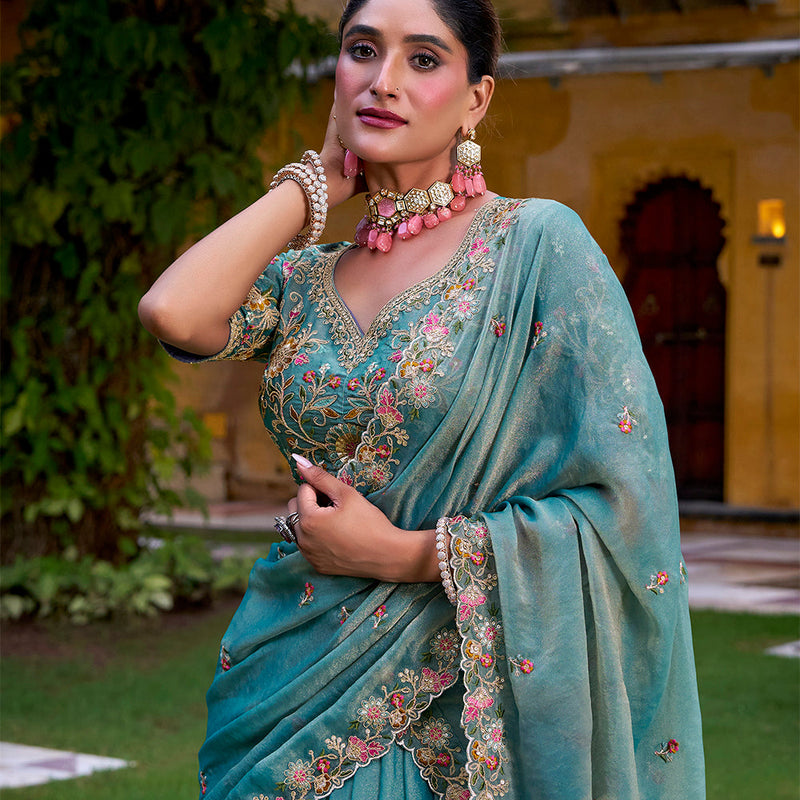 Sky Blue Color Sequince And Thread Embroidery Work Zari Shimmer Lehenga Choli