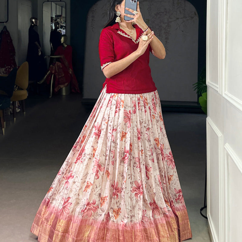 Red Color Floral Print With Zari Weaving Work Dola Chex Co-Ord Set