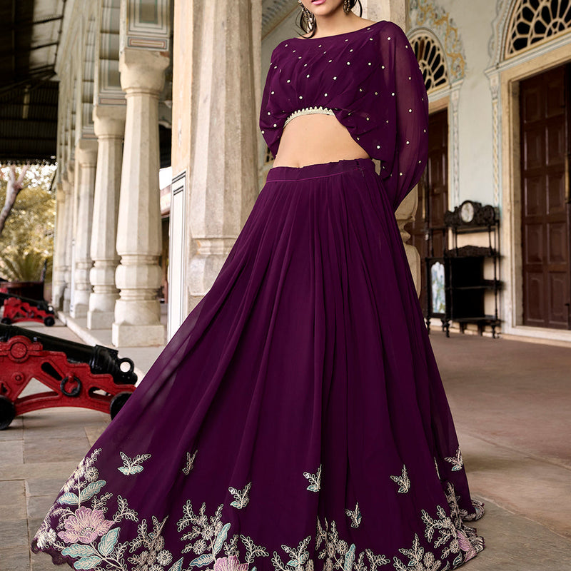 Wine Color Sequins And Thread Embroidery Work Georgette Co-ord Set Lehenga Choli