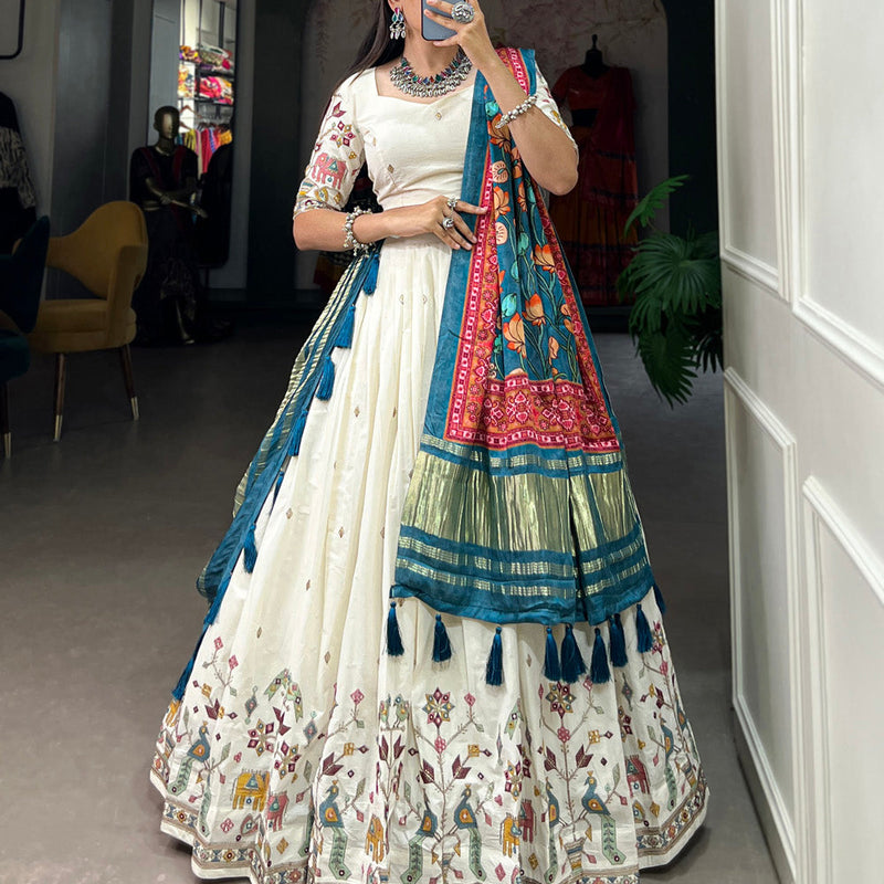 Peacock Design Sequins And Thread Embroidery Work Khadi Cotton Chaniya Choli