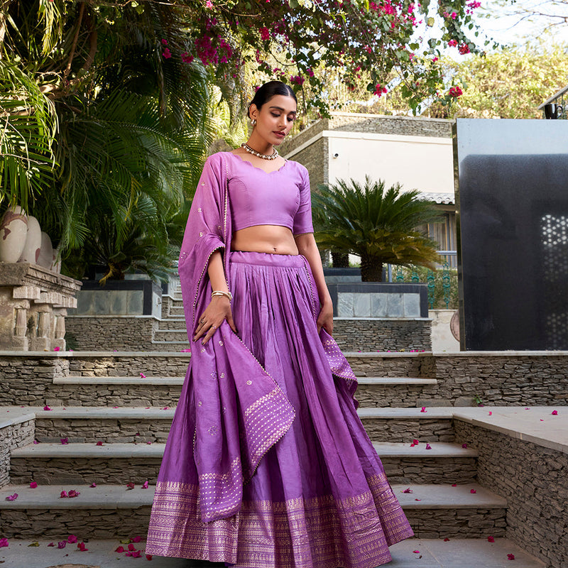Purple Color Plain With Zari Weaving Work Border Chanderi Traditional Wear Lehenga Choli