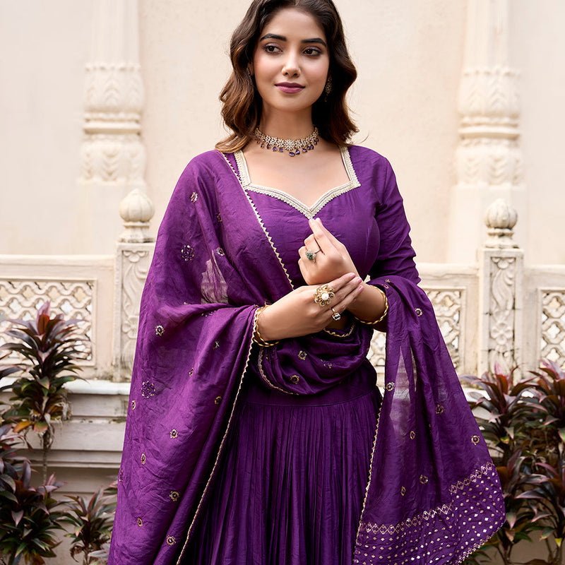 Dark Purple Color Plain With Zari Weaving Work Chanderi Lehenga Choli