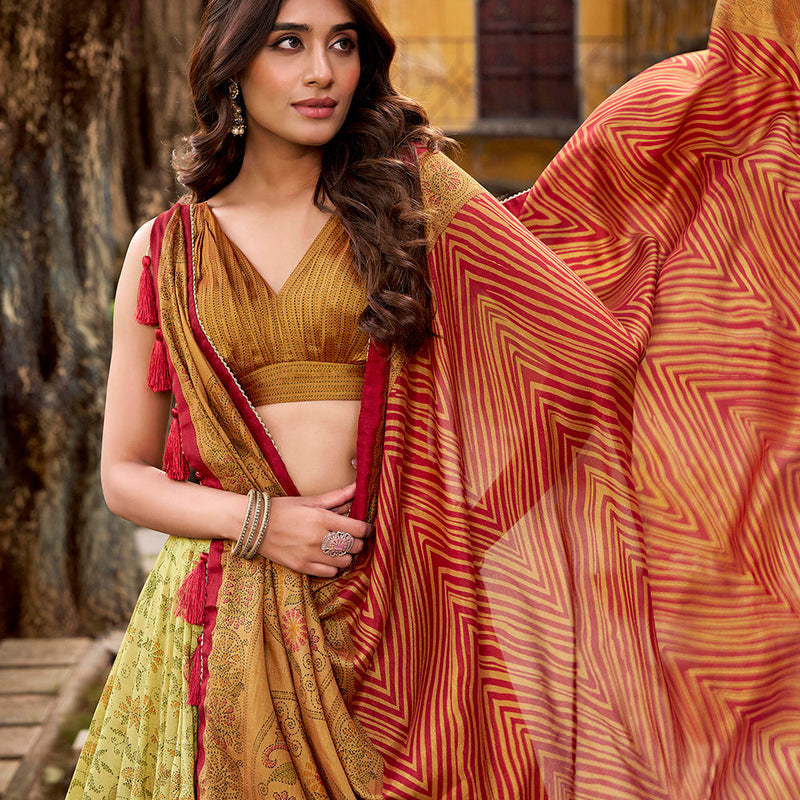 Copper Color Printed With Vichitra Silk Choli