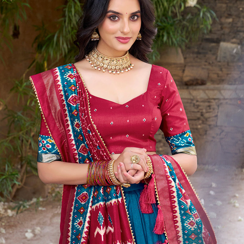 Teal Color Patola Printed Tasar Silk Lehenga Choli