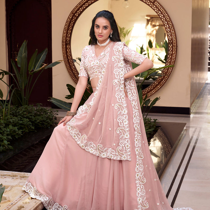 Pastel Pink Color Pearl Coding And Sequins Embroidery Work Weone Silk Lehenga Choli