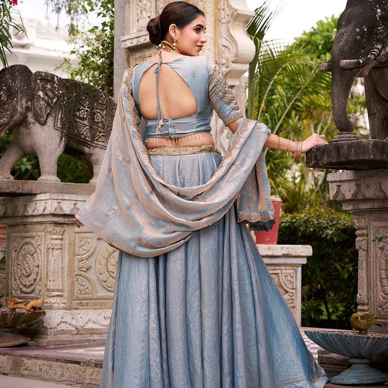 Sky Blue Color Sequins And Thread Embroidery Work Belt Fendi Lehenga Choli