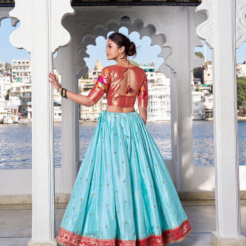 Sky Blue Weaving Zari Work With Jacquard Silk (Paithani) South Lehenga Choli