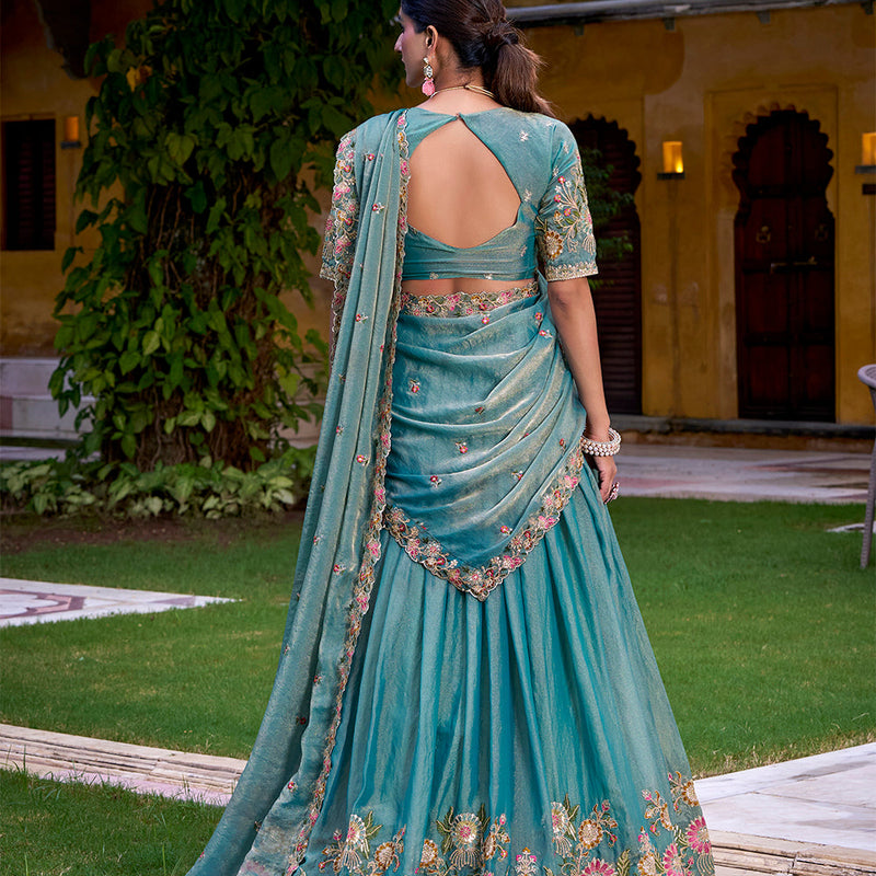 Sky Blue Color Sequince And Thread Embroidery Work Zari Shimmer Lehenga Choli