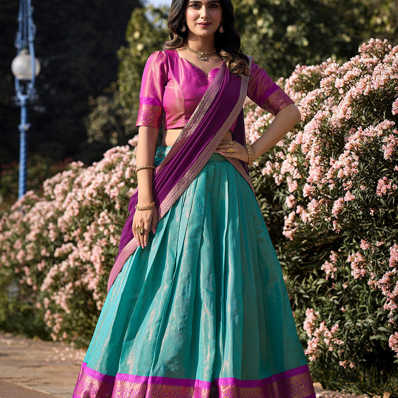 Sky Blue Color Zari Weaving Work Kanchipuram Women Lehenga Choli