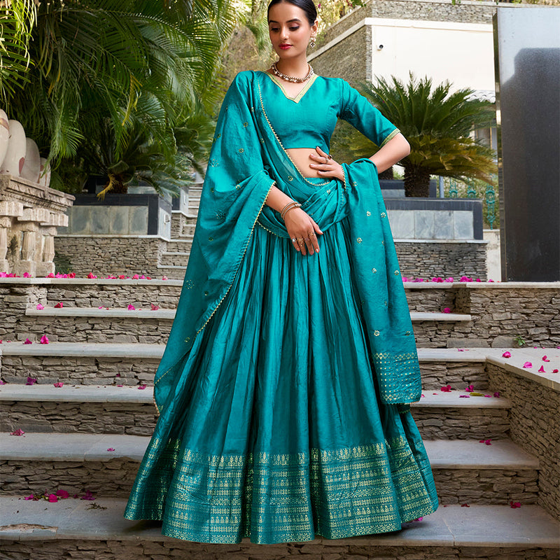 Sky Blue Color Zari Weaving Work Chanderi Lehenga