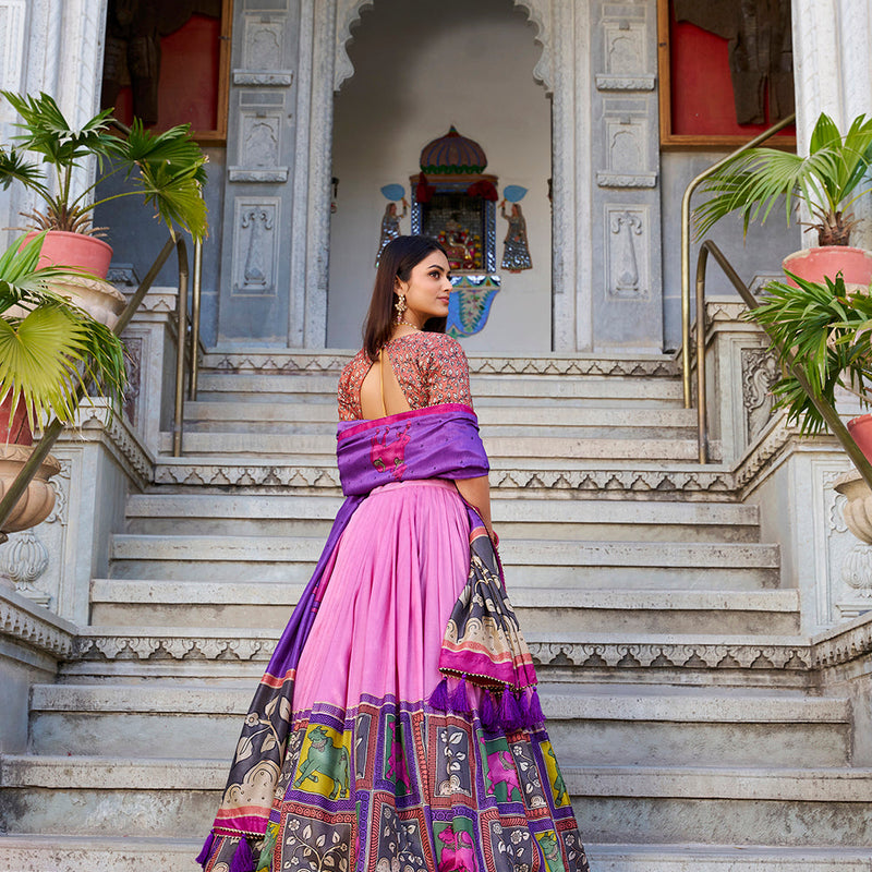 Peach Color Kalamkari With Foil Work Tasar Silk Lehenga Choli
