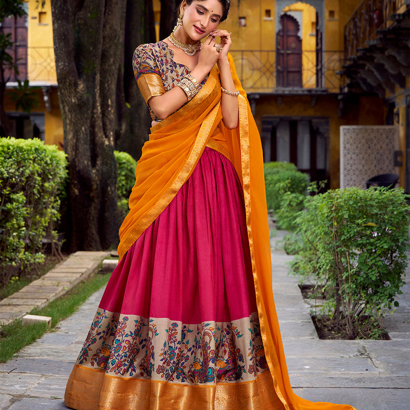 Pink Color Printed With Zari Weaving Work Astha Silk Lehenga Choli