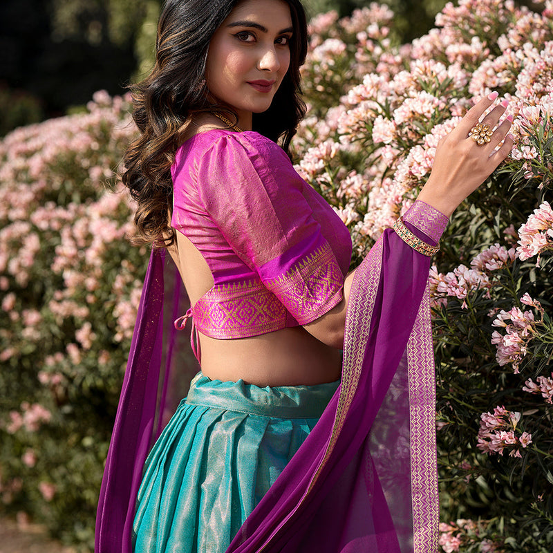 Sky Blue Color Zari Weaving Work Kanchipuram Women Lehenga Choli