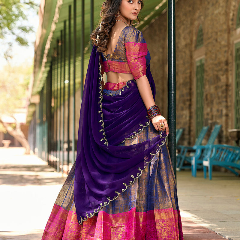 Blue Color Zari Weaving Work Kanjivaram South Indian Lehenga Choli