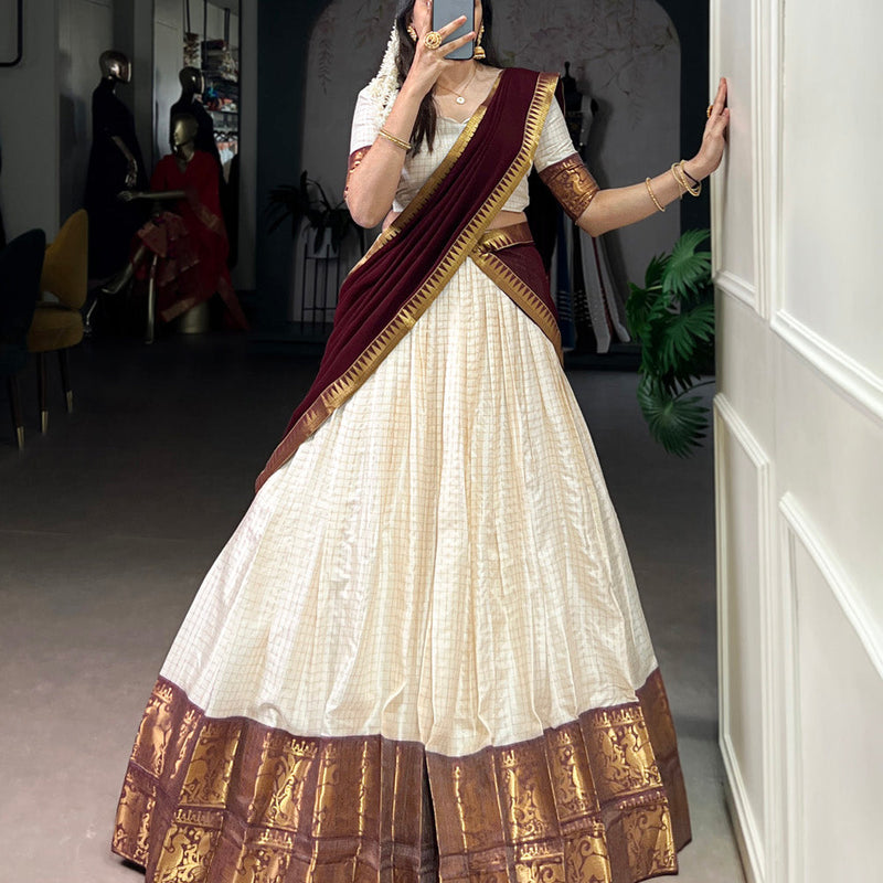 White Color Chex With Zari Weaving Work Poly Cotton Wedding Lehenga Choli