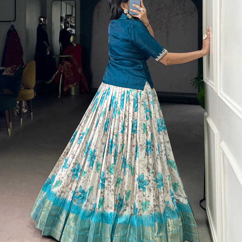 Teal Color Floral Print With Zari Weaving Work Dola Chex Co-Ord Set