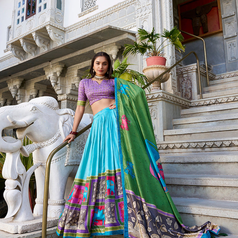 See Green Color Kalamkari With Foil Work Tasar Silk Lehenga Choli