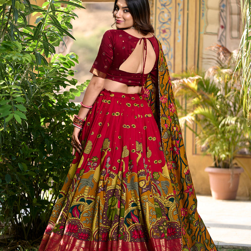 Red Color Kalamkari Print With Foil Work Tasar Silk Lehenga Choli