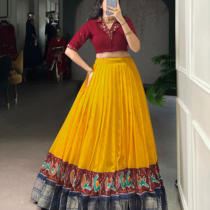 Mustard Color Printed With Zari Weaving Work Poly Cotton Co-ord Set