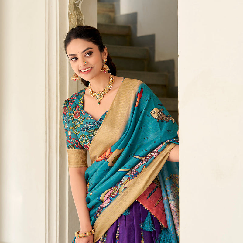 Purple Color Kalamkari Print With Weaving Border Dola Silk Lehenga Choli