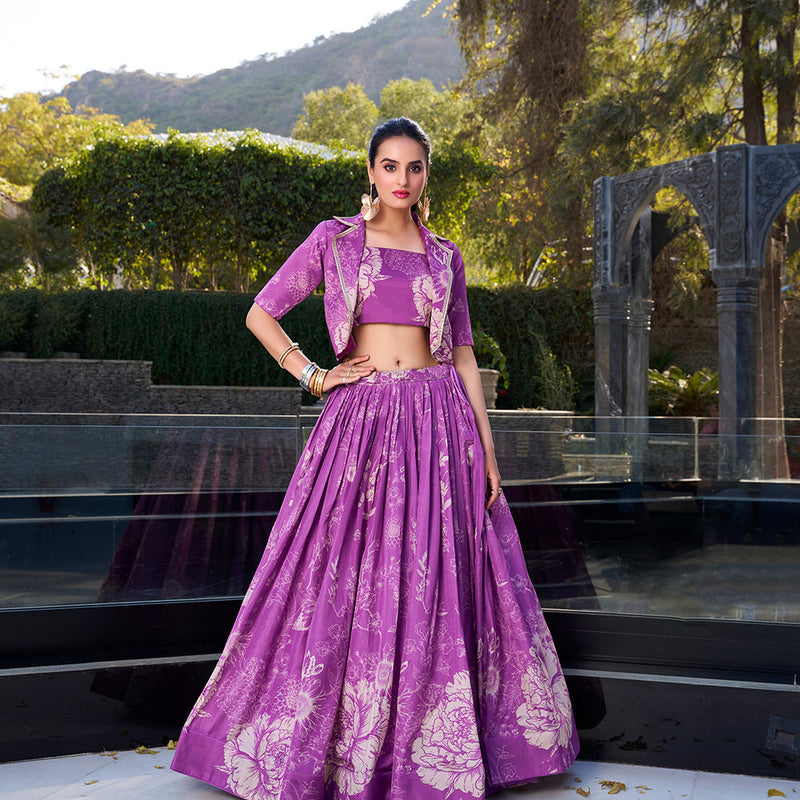 Purple Floral Print Tussar Silk Co-ord Set lehenga Choli