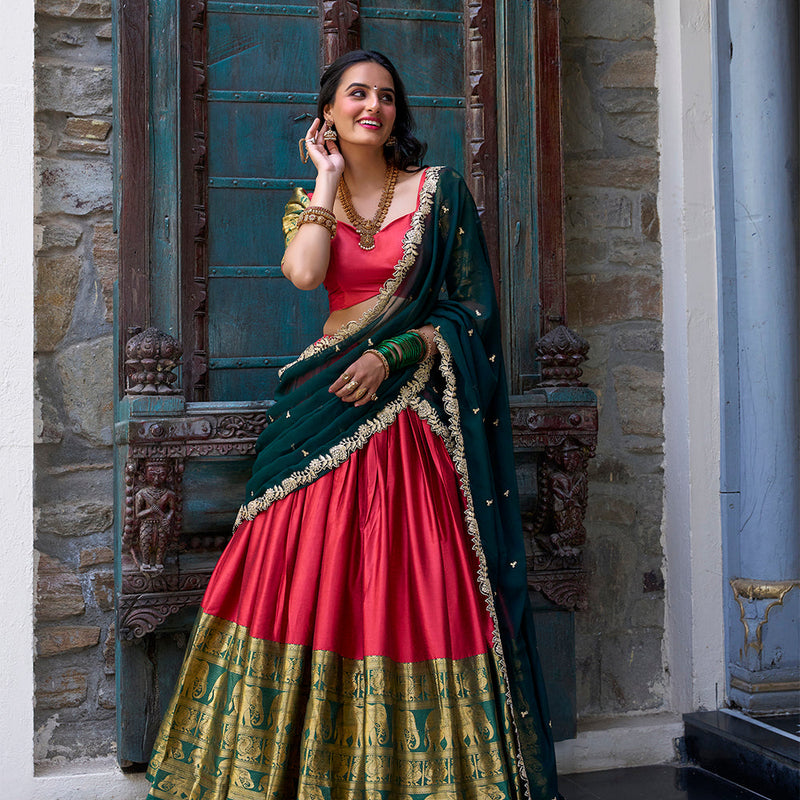 Red Color Zari Weaving Work Narayan Pattu Lehenga Choli