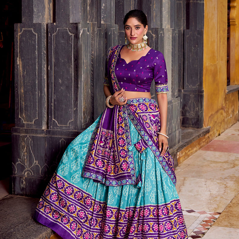 Sky Blue Color Ikkat Patola Printed Tasar Silk Lehenga Choli