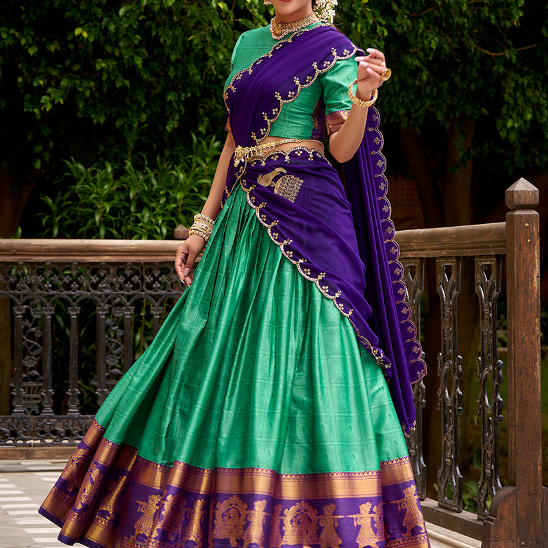 Bottle Green Color Zari Weaving Work Poly Cotton Lehenga Choli