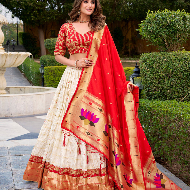 White Color Zari Weaving Paithani Lehenga