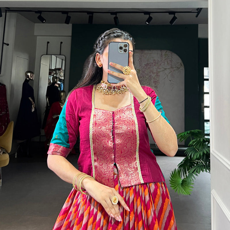 Red Color Leheriya Print With Zari Weaving Work Tasar Silk Co-Ord Set