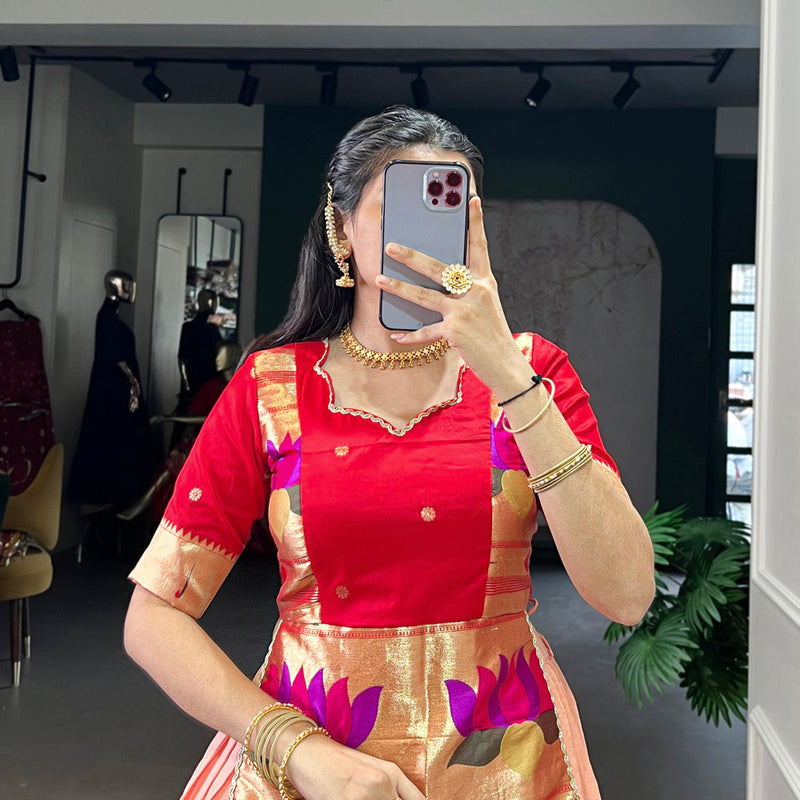 Peach Color Zari Weaving Work Cotton Silk Co-Ord Set