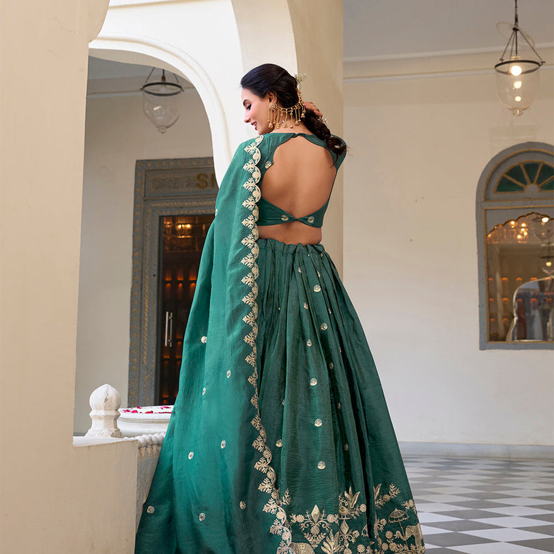 Teal Color Sequins and Thread Embroidery Work Gold Crush Lehenga Choli