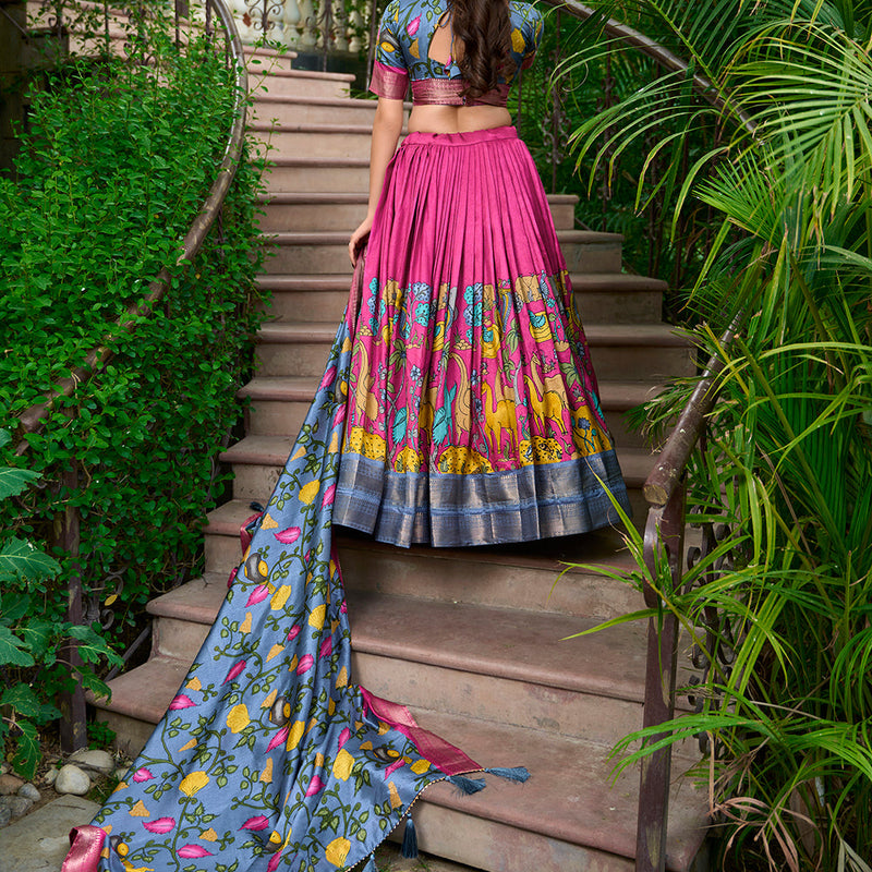 Pink Color Kalamkari Print With Zari Weaving Dola Silk South Indian Lehenga Choli