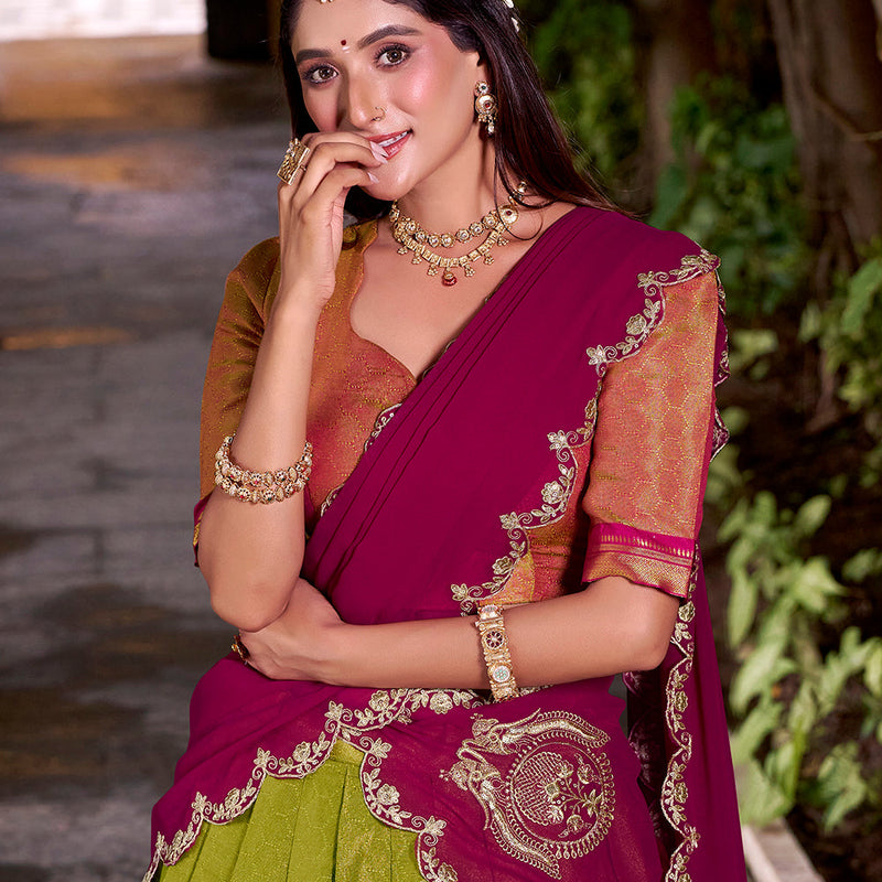 Rani Pink Color Sequince And Thread Embroidery Work Kanchipuram Lehenga Choli