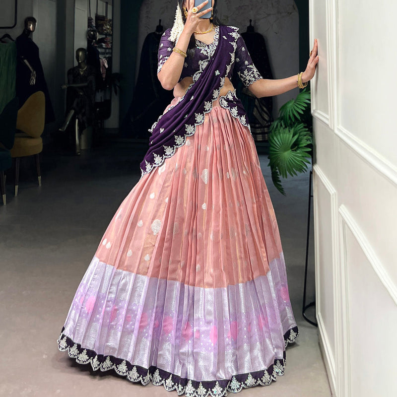 Peach Color Zari Weaving Work Sequins And Embroidery Border With Zari Kota Women Wear